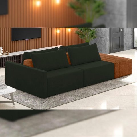 Sofá Ilha Modular para Sala 232cm com Puff Dublin K01 Veludo Verde Sintético Caramelo - Lyam Decor