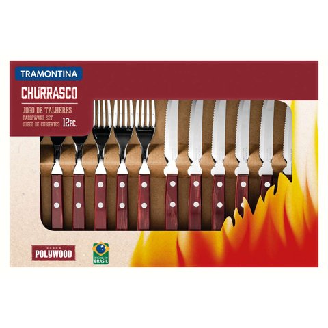 Jogo de Talheres Churrasco Aço Inox com Cabo Vermelho Polywood 12 Pçs Tramontina Tramontina Churrasc