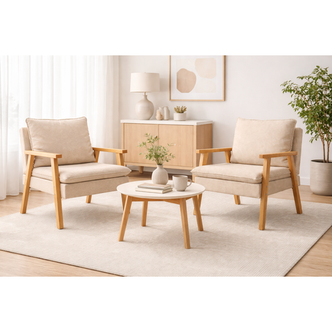 Kit 2 Poltronas Decorativas Efata Madeira Maciça Linho Bege Claro