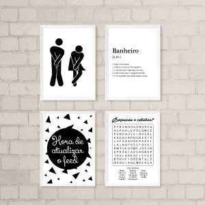 Kit 4 Quadros Divertidos para Banheiro 33x24cm - com Vidro:madeira Preta