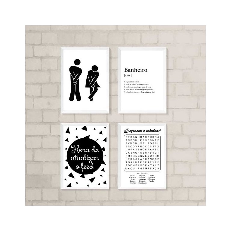 Kit 4 Quadros Divertidos para Banheiro 33x24cm - com Vidro:madeira Preta
