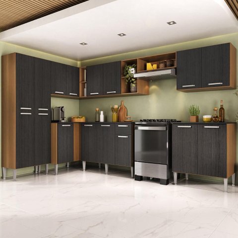 Armário Cozinha Modulada Completa de Canto 432,5cm Pequim Pop Multimóveis Mp3774 Madeirado/preto