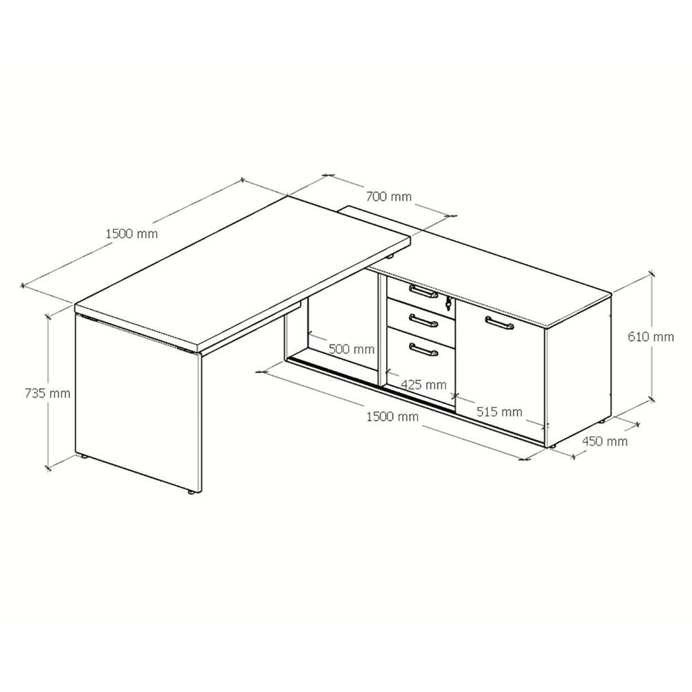 Mesa em L 1,50m Armário Lateral 3 Gavetas Pé Painel Ng Pr F5 Cor:nogal com Preto - 2