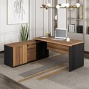 Ver imagem 1 de Mesa em L 1,50m Armário Lateral 3 Gavetas Pé Painel Ng Pr F5 Cor:nogal com Preto