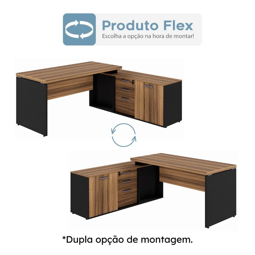 Mesa em L 1,50m Armário Lateral 3 Gavetas Pé Painel Ng Pr F5 Cor:nogal com Preto - 6