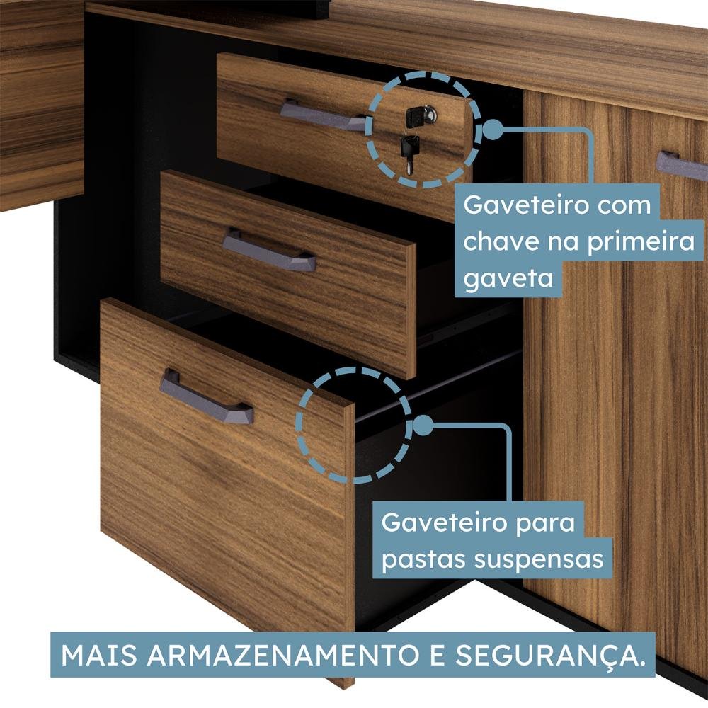 Mesa em L 1,50m Armário Lateral 3 Gavetas Pé Painel Ng Pr F5 Cor:nogal com Preto - 9