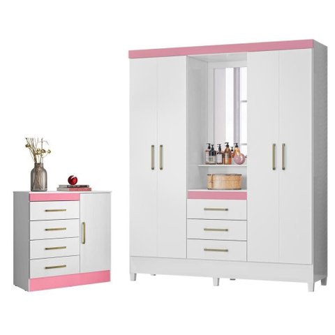 Conjunto Guarda Roupa e Cômoda Porta Bella 5 Portas 7 Gavetas MDP Branco Rosa Demóbile