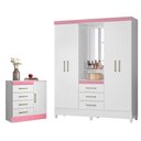 Ver imagem 1 de Conjunto Guarda Roupa e Cômoda Porta Bella 5 Portas 7 Gavetas MDP Branco Rosa Demóbile