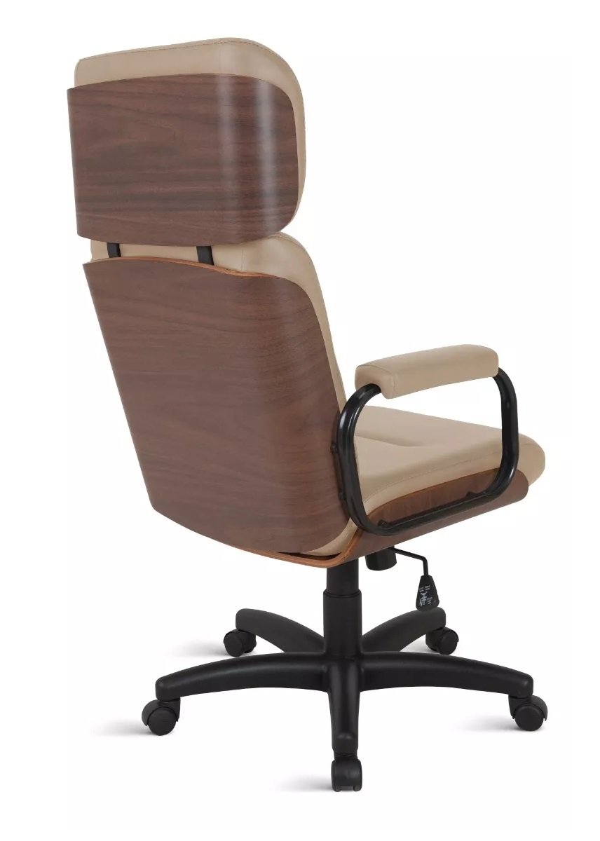 Cadeira Presidente Wood Bege Base Relax Acabamento em Madeira Premium - 3