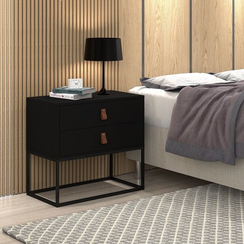 Mesa de Cabeceira Unic 60 2 Gavetas C/puxador Couro Pés de Ferro Cor:preto