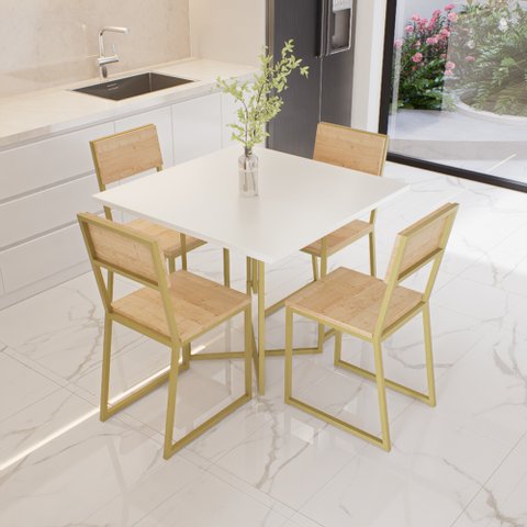 Conjunto Mesa de Jantar Quadrada Branca 4 Cadeiras Pinus Riviera Industrial Dourado Don Castro Decor