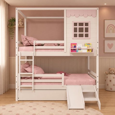 Treliche Infantil Casinha Reta com Grade Removível e Escorregador Madeira Maciça Branco/ Rosa