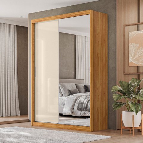Guarda-roupa Casal Riva Cinamon Touch/off White 2 Portas Deslizantes 4 Gavetas com Espelho | Liberty