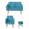 Kit Sofá 2 Lugares e Poltrona Para Sala Bianca Capitonê e Puff Redondo Suede Azul Turquesa - Mó - 1