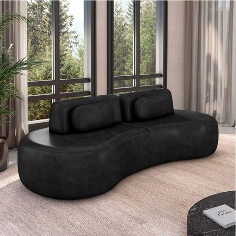 Sofá Sala de Estar Modulado França 240cm Encosto Articulável com Almofadas Pu Preto G45 - Gran Belo