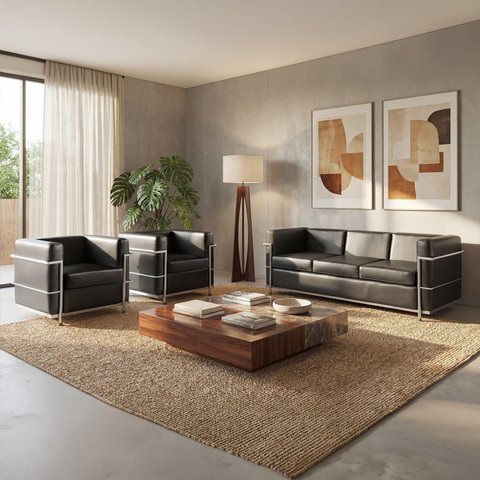 Conjunto Sofá 3 Lugares e 2 Poltronas Le Corbusier em Couro Sintético Preto