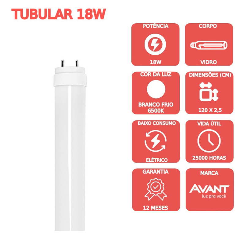 Kit 10 Lâmpadas Led Tubular 18w 120cm T8 6500k Avant - 3