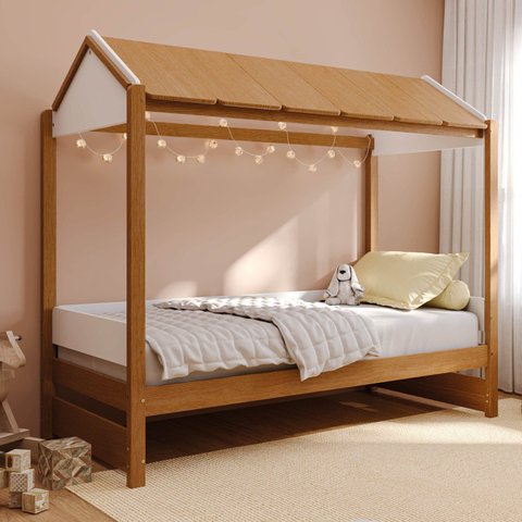 Cama Casinha Solteiro Reversível Aria Casatema MadeiraOriginals Marrom/Nogueira/Branco