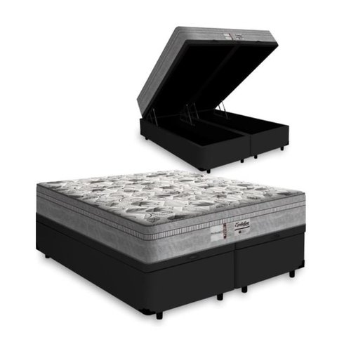 Cama Box Baú Casal Bipartido - Tecido Sintético Preto Colchão de Molas Ensacadas - Probel - Evolutio