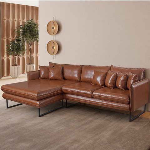 Sofá 5 Lugares Corino 92cm x 284cm Ricco Marrom Caramelo