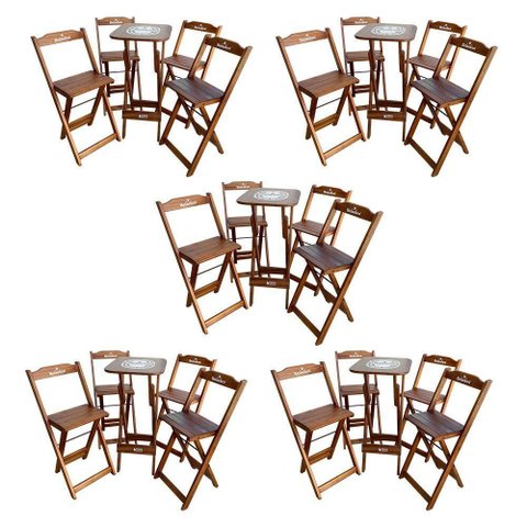 Kit 5 Conjuntos Bistrô Mesa com 4 Banquetas Dobráveis de Madeira Personalizada Hei - Imbuia