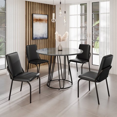 Conjunto Sala de Jantar Mesa Redonda 100cm Base Omega Tampo MDF Laca com Vidro Malibu Preto
