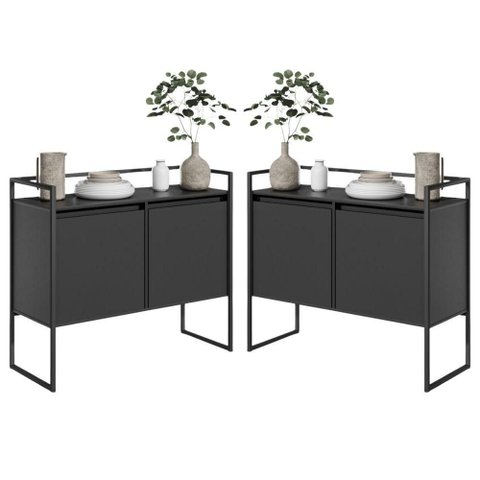 Conjunto de Buffet e Aparador Vale Verona 2 Portas MDP 100,9cm Preto Plata Móveis