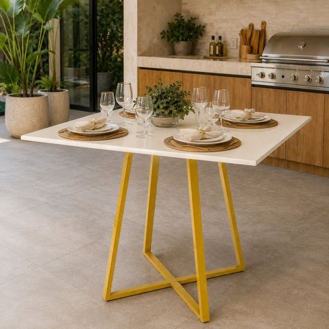 Mesa Santorine Jantar e Reunião 90cm Industrial MDF e Aço Off White/Dourado - Lh Móveis