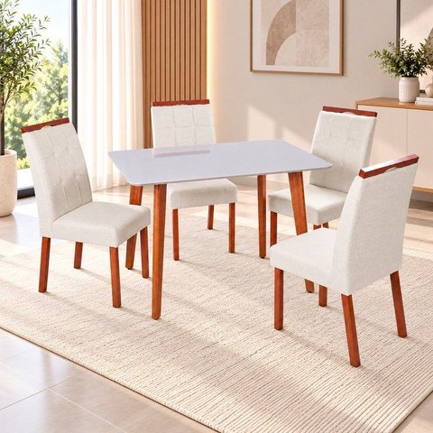 Conjunto Mesa Verona Tampo Off White e 4 Cadeiras Madeira Maciça, Detalhe em Botonê e Estofada Sophi