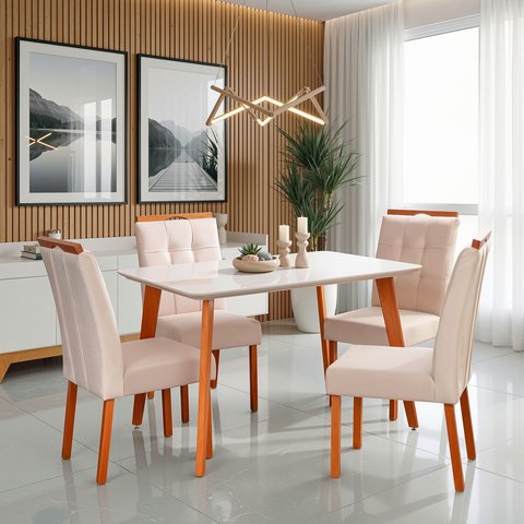 Conjunto Mesa Verona Tampo Off White com 4 Cadeiras Madeira Maciça, Detalhe em Botonê e Estofada Sop