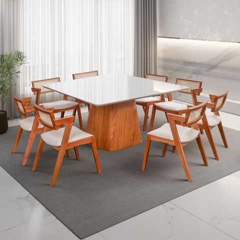 Conjunto Mesa Bérgamo com 8 Cadeiras Madeira Maciça, Estofada e Rattan de Fibra 100% Natural Verona 