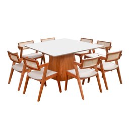 Conjunto Mesa Bérgamo com 8 Cadeiras em Madeira Maciça, Estofada e Rattan de Fibra 100% Natural Verona Authentic - 3