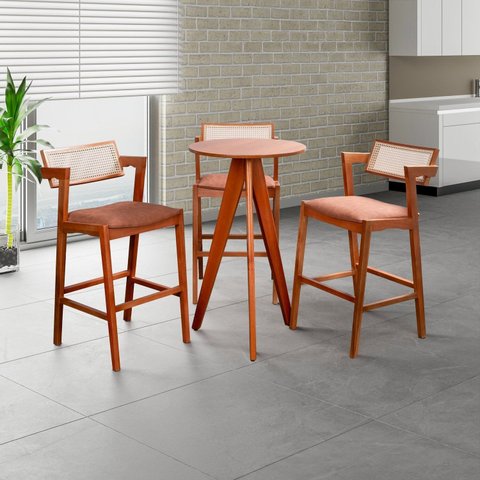 Conjunto Mesa Bistrô e 3 Banquetas Madeira Maciça, Estofada e Rattan de Fibra 100% Natural Nápoles m