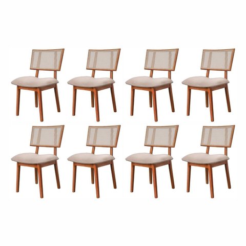 Kit 8 Cadeiras Madeira Maciça, Rattan de Fibra 100% Natural e Estofada Lívia Espresso Móveis Champagne/Linho Bege