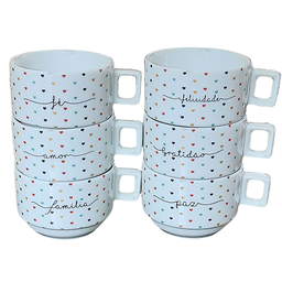 Kit Jogo 6 Xícaras Café Chá 200ml Empilháveis - Porcelana - 2