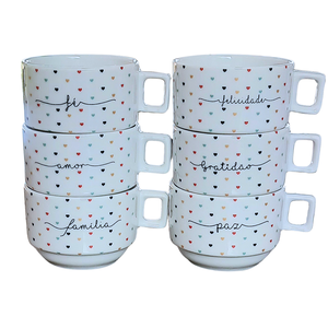 Kit Jogo 6 Xícaras Café Chá 200ml Empilháveis - Porcelana