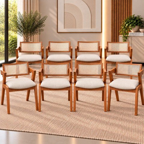 Kit 8 Cadeiras Madeira Maciça, Rattan de Fibra Natural e Estofada Verona Espresso Móveis