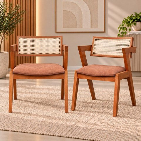 Kit 2 Cadeiras Madeira Maciça, Rattan de Fibra 100% Natural e Estofada Verona Espresso Móveis
