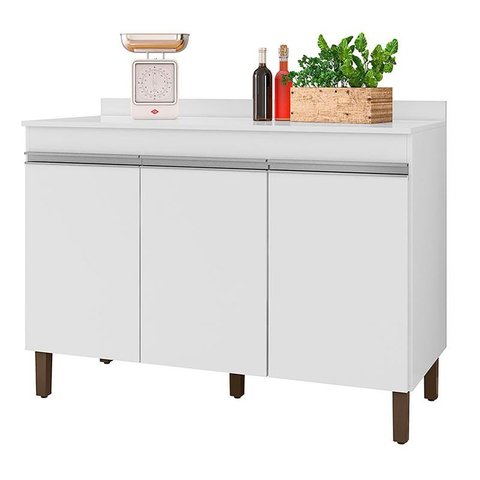 Balcão Karen 119cm 3 Portas Branco com Tampo MDP - Peternella Móveis
