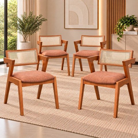 Kit 4 Cadeiras Madeira Maciça com Rattan Fibra Natural Verona Espresso Móveis