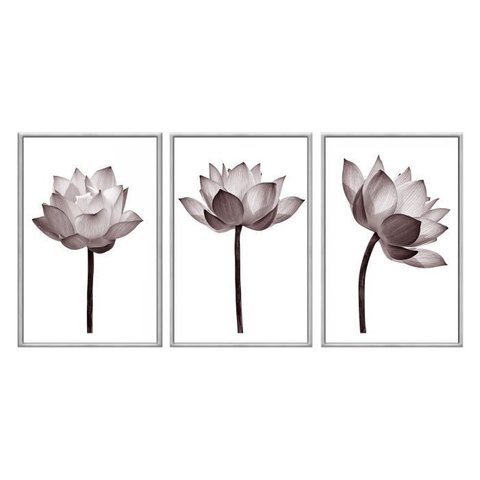 Kit 3 Quadros Decorativos - Flor de Lotus Rose Minimalista Flnt004 - Tela Canvas - 60x80cm
