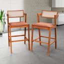 Ver imagem 1 de Kit 2 Banquetas Madeira Maciça, Estofada e Rattan de Fibra 100% Natural Nápoles Espresso Móveis Marrom/Champagnhe/Couro