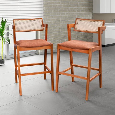 Kit 2 Banquetas Madeira Maciça, Estofada e Rattan de Fibra 100% Natural Nápoles Espresso Móveis 