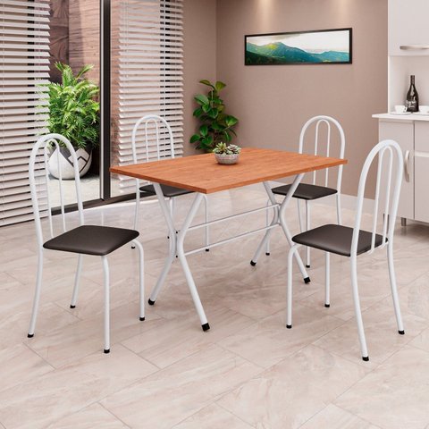 Conjunto de Mesa Tubular 62 100x60cm Tampo em MDF com 4 Cadeiras Ane B Branco/Preto