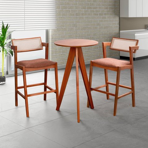 Conjunto Mesa Bistrô e 2 Banquetas Madeira Maciça, Estofada e Rattan de Fibra 100% Natural Nápoles a