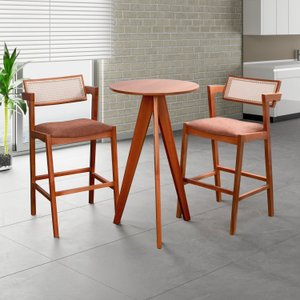 Conjunto Mesa Bistrô e 2 Banquetas em Madeira Maciça, Estofada e Rattan de Fibra 100% Natural Nápoles Authentic
