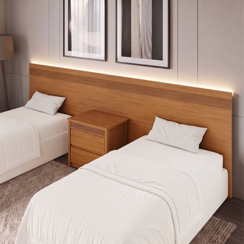 Painel Cabeceira Frisado Casal/Queen com LED e Mesa de Cabeceira 109x270cm