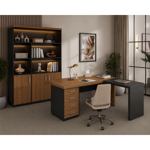 Conjunto Escritório Artany: Mesa c/ Extensor e Estante