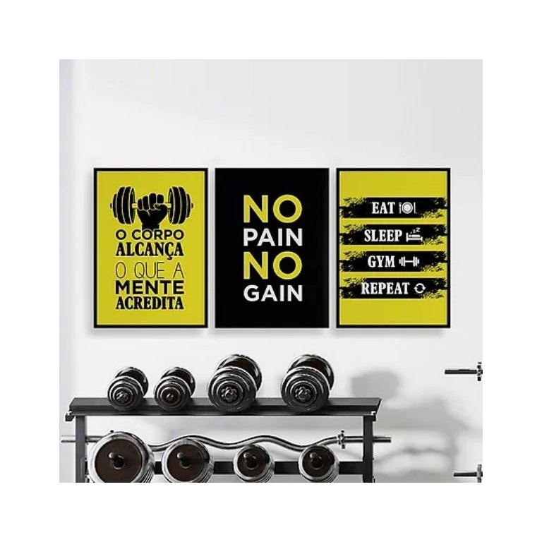 Kit 3 Quadros o Corpo Alcança o que a Mente Acredita 33x24cm - com Vidro:madeira Branca Kit 3 Quadros o Corpo Alcança o que a Mente Acredita 33x24cm - com Vidro:madeira Branca