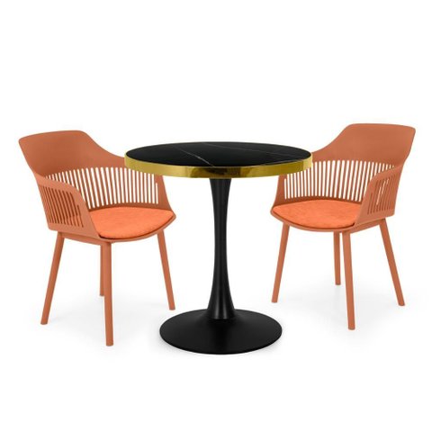 Conjunto Mesa de Jantar Redonda Majestic 70cm Preta com 2 Cadeiras Estofadas Marcela - Marrom
